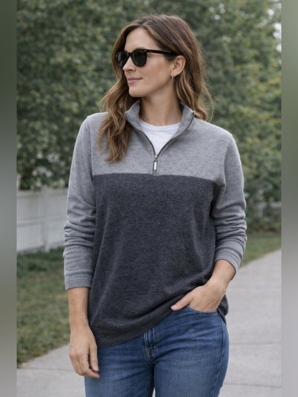 100% Merino Wool Sweater Sporty Rugby style charcoal light grey size S M
